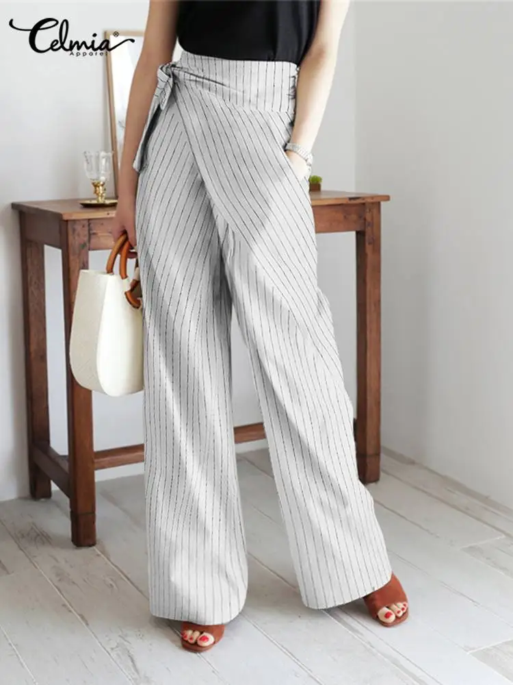 

Celmia Elegant Ladies Long Pants Fashion High Waist Bandage Striped Wide Leg Trousers Spring Autumn Casual Pleats Thin Pantalon