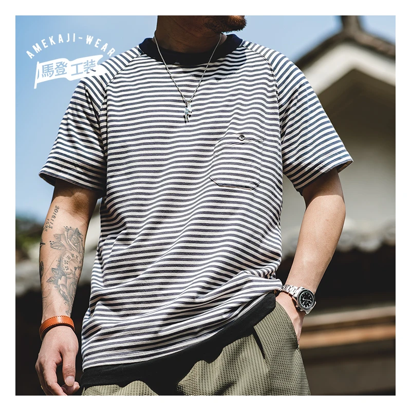 

Мужская хлопковая футболка в полоску, с коротким рукавом и круглым вырезом