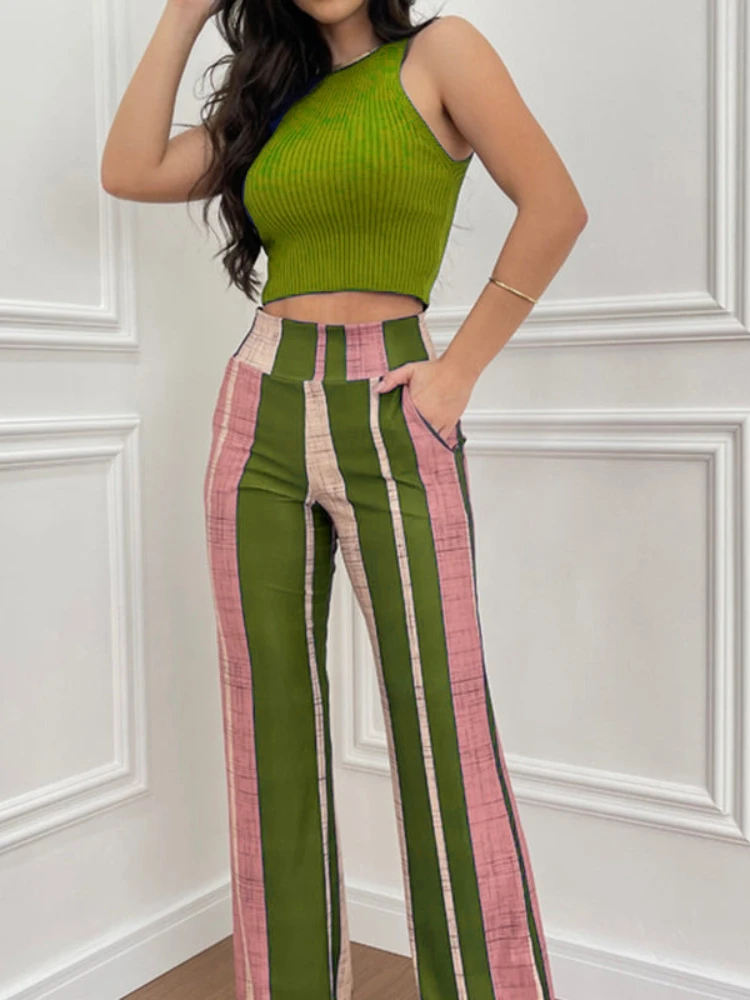 

Women Two Piece Sets Sleeveless Tank Tops Striped Print Pants Summer 2022 E Girl Streetwear Casual High Waist Pants Outfits