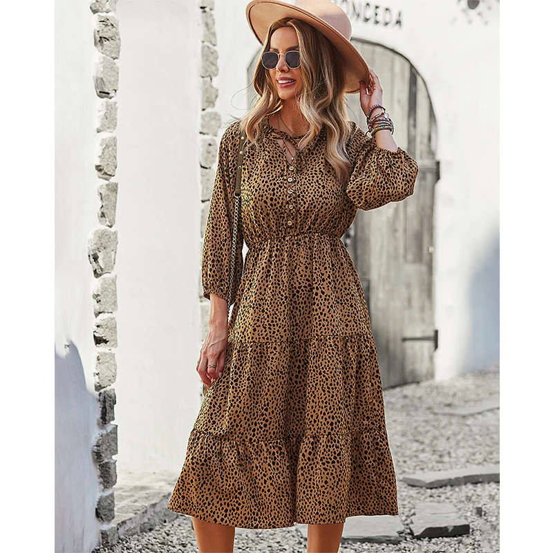 

Autumn Winter New Women's Slim Waist Dress Printed Midi Loose Holiday Fashion Casual Stylish Sundress Women Long Sleeve V-neck