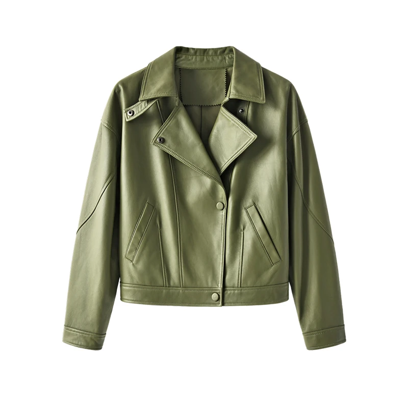 New Real Leather Jacket Women  Sheepskin  High Street Covered Button Vintage Spring/Autumn 2022 Genuine Leather Coat for Women