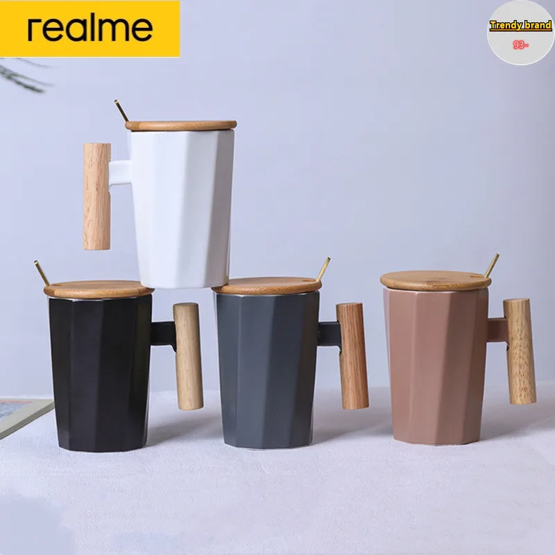 

Realme 380ml Nordic Wooden Handle Ceramic Mug Literary Water Cup Coffee Milk Cup Holiday Gift Coffee Mug with Lid and Spoon