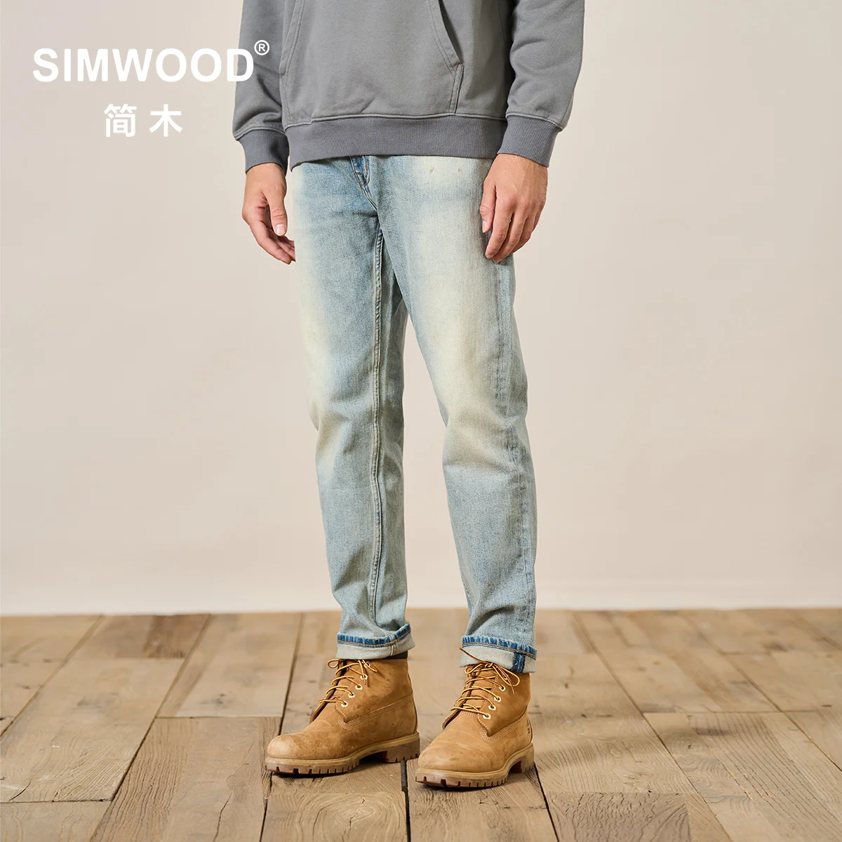 

SIMWOOD 2022 Autumn Winter New Regular Straight Jeans Men 14oz Lycra Low Elastic Vintage Denim Trousers Plus Size Jean Pants