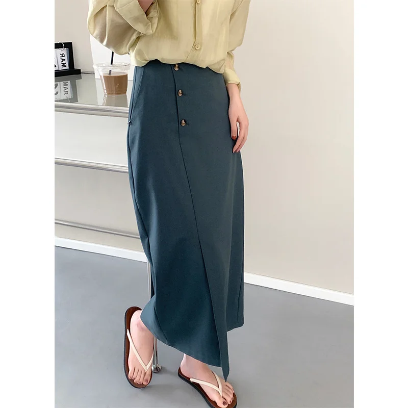

Button Design High Waist Thin A-line Skirt Black Blue Brown Elegant Office Women Long Skirts