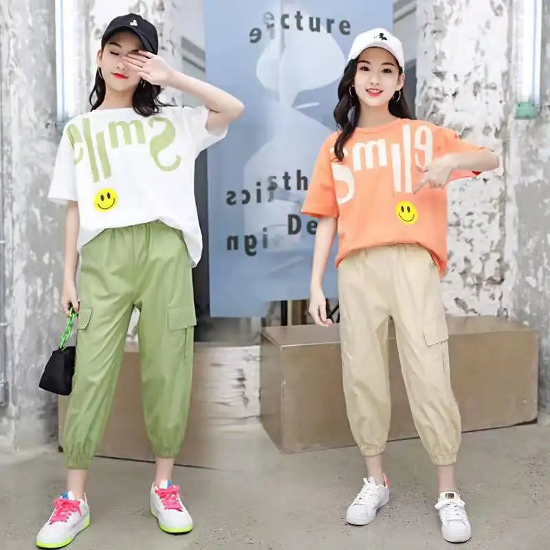 2023 Summer New Girls Fashion Clothing Sets Outfits Kids Short Sleeve T-shirt + Long Pants 2PCS Children Clothes Teen 6-14 Year