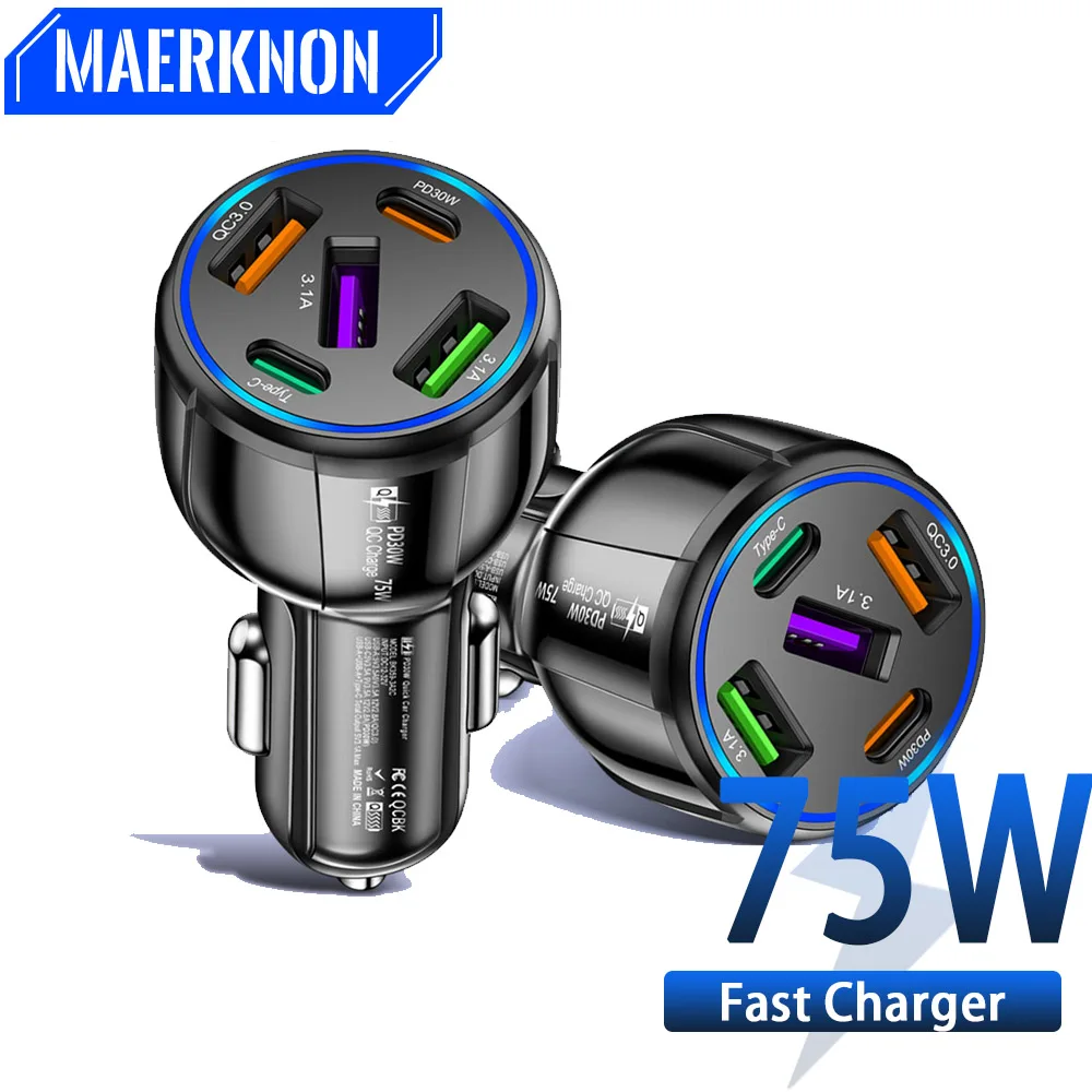 

70W 5 Ports Car Charger USB PD QC3.0 Type C Fast Charging Car Phone Adapter For Samsung Xiaomi 13 Pro Huawei Fast Charger In Car