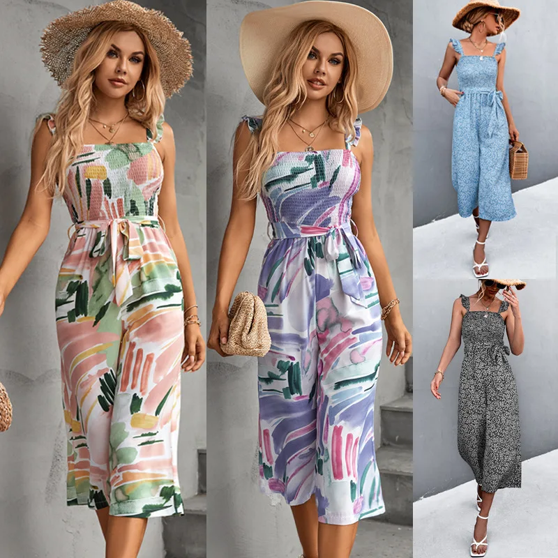 

Spring/Summer Flying Sleeve Square Collar Halter Printed Lace-up Jumpsuit Casual Elegant Fresh Jumpsuit Hight Waist Beach Pants