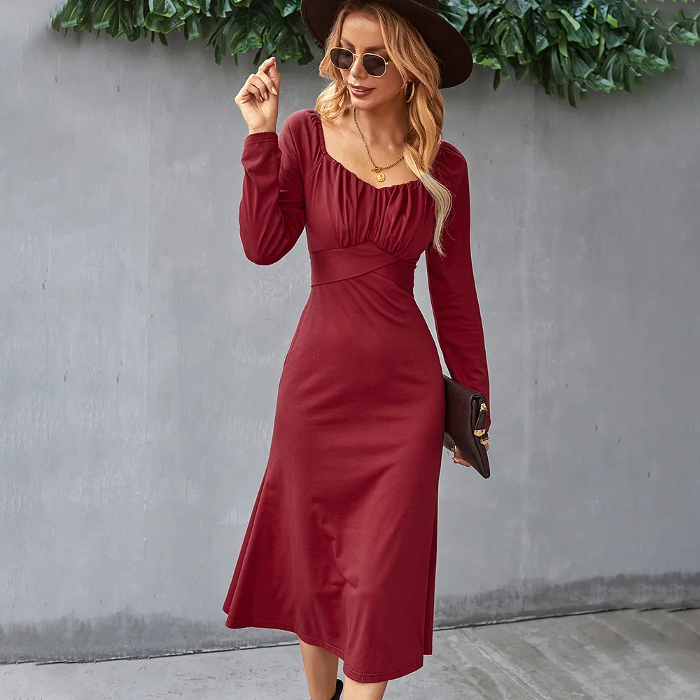 

Casual elegant sexy slim print dress, new fashion knitted dress autumn winter solid bottomed skirt French romantic skirt ro