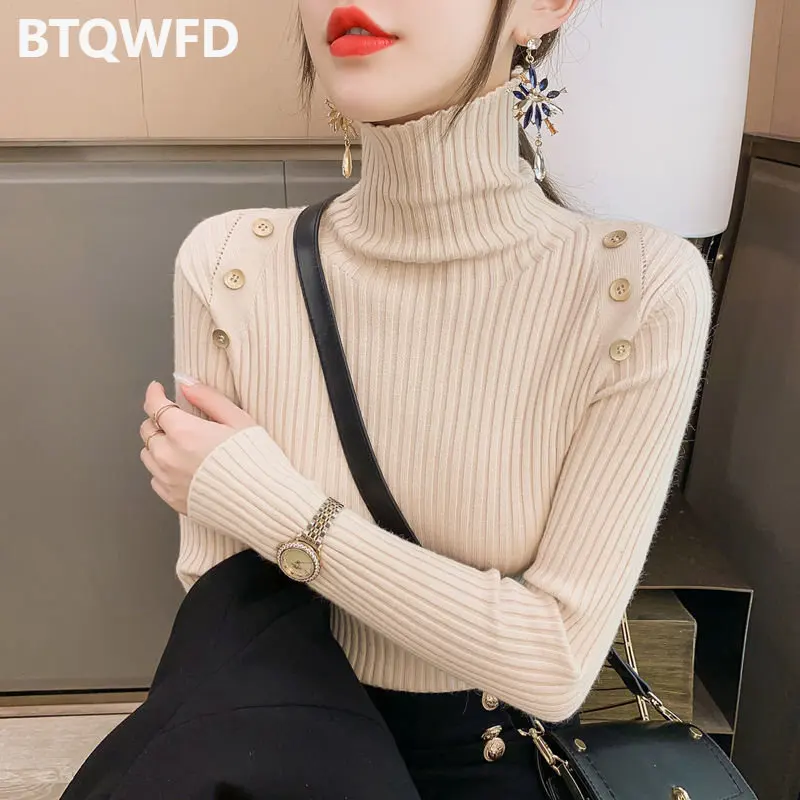 Knitted Sweaters Turtleneck Autumn Winter Fashion Tops Pullover 2022 New Solid Color Women Female Clothing Long Sleeve Button