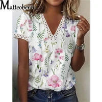 summer casual lace stitched v neck t shirt women fashion flower printed short sleeve tops 2022 new hot sales ladies streetwear