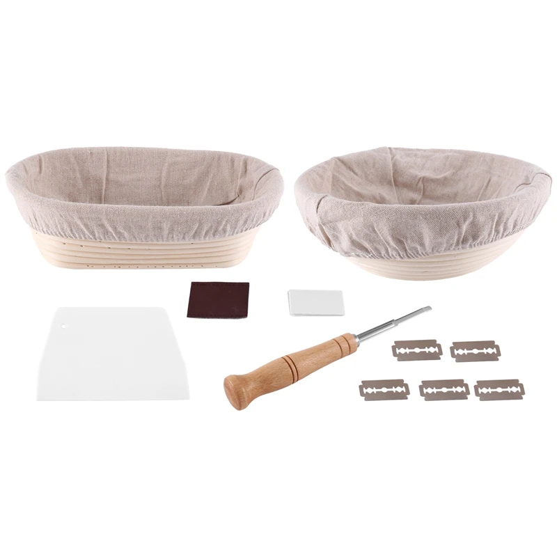 

Proofing Basket Set Of 2-10 Inch Oval, And 9 Inch Round+Premium Bread Lame And Slashing, The Perfect Baking Bowl