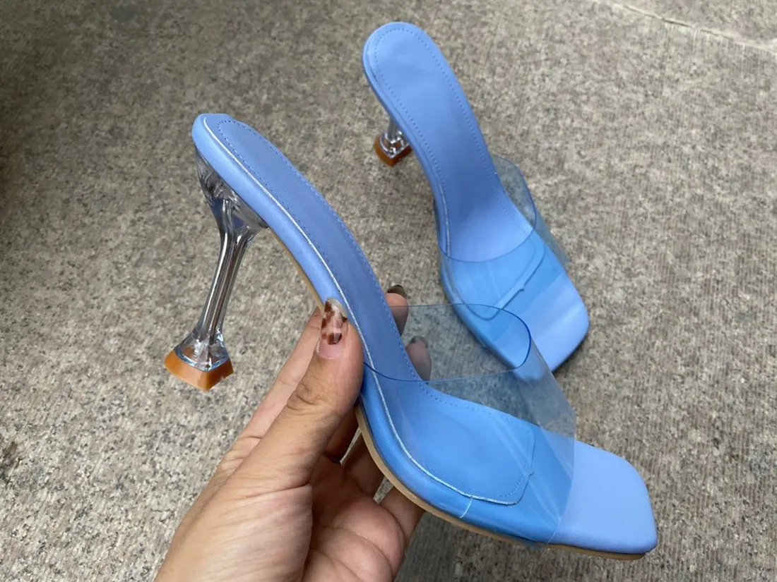 Slippers Women's Summer Transparent Crystal Heel  New Fashion Wine Glass Heel Square Toe Fashion Sandals Large Size Candy Color