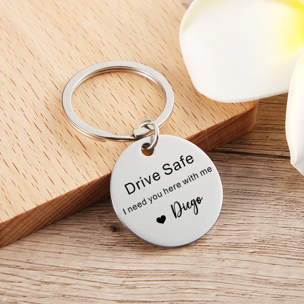 

Customized Drive Safe Keychain Round Stainless Men Women Boyfriend Husband Key Chain Father's Day Gifts Custom Engrave Name