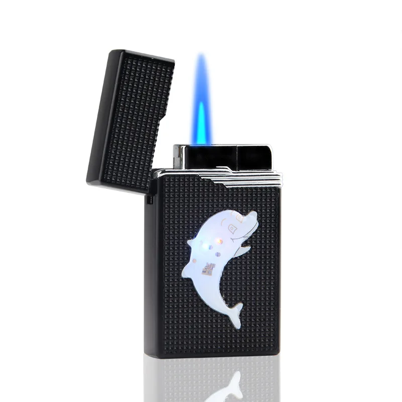 

Heart Dolphin Flashing Light Lighter Metal Straight Refillable Portable Butane Gas Black Lighters(No Gas Include)