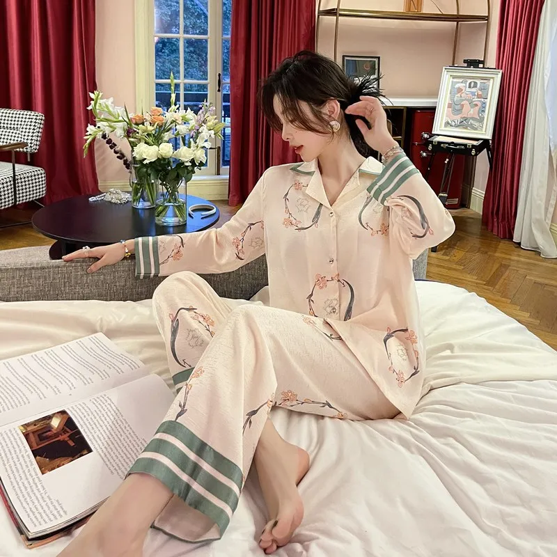 

New ice silk pajamas women's simple solid color polka dot two-piece women pajamas