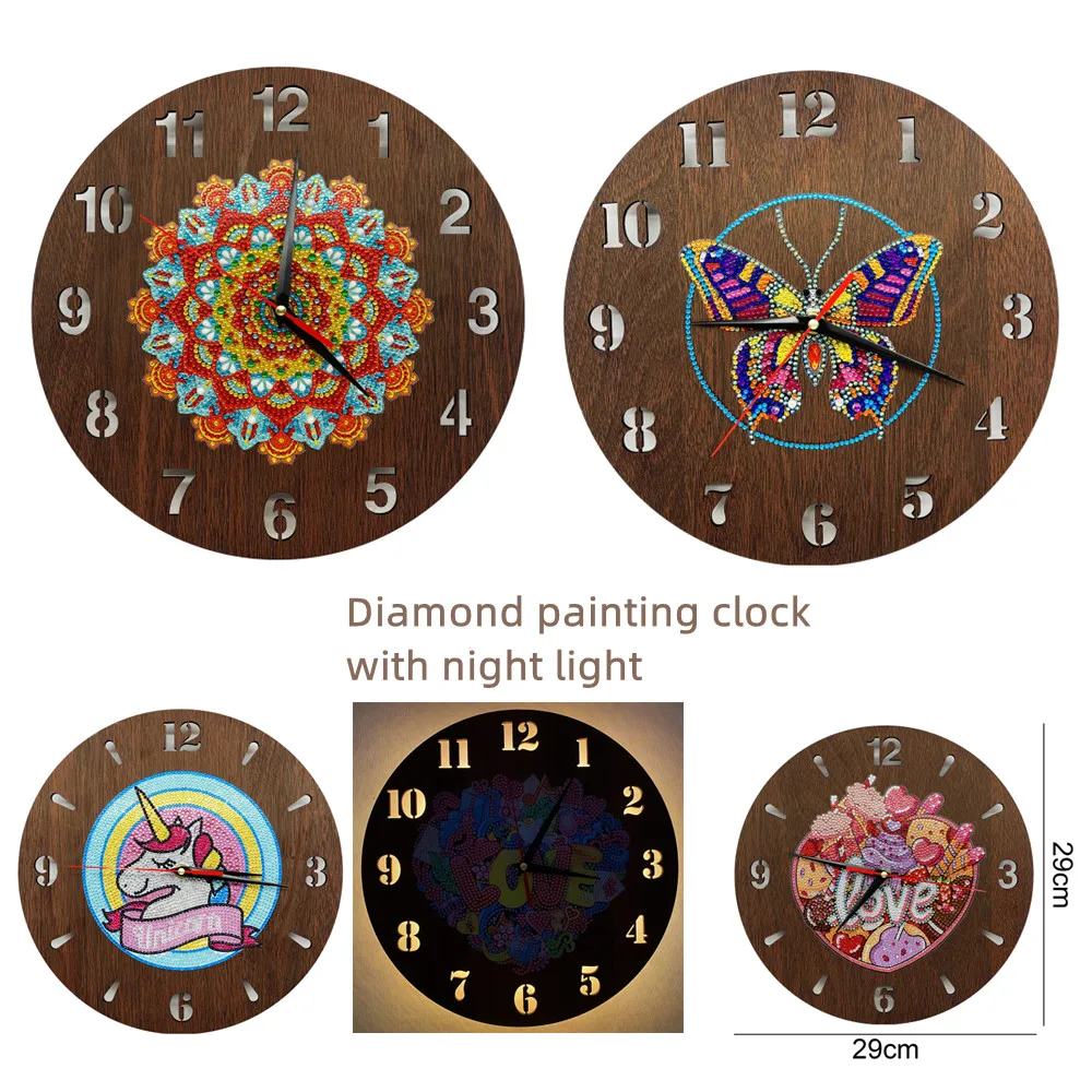 

New diamond painting clock with night light DIY Diamond Mosaic Embroidery Butterfly Unicorn Drill Painting Home Decor clocks