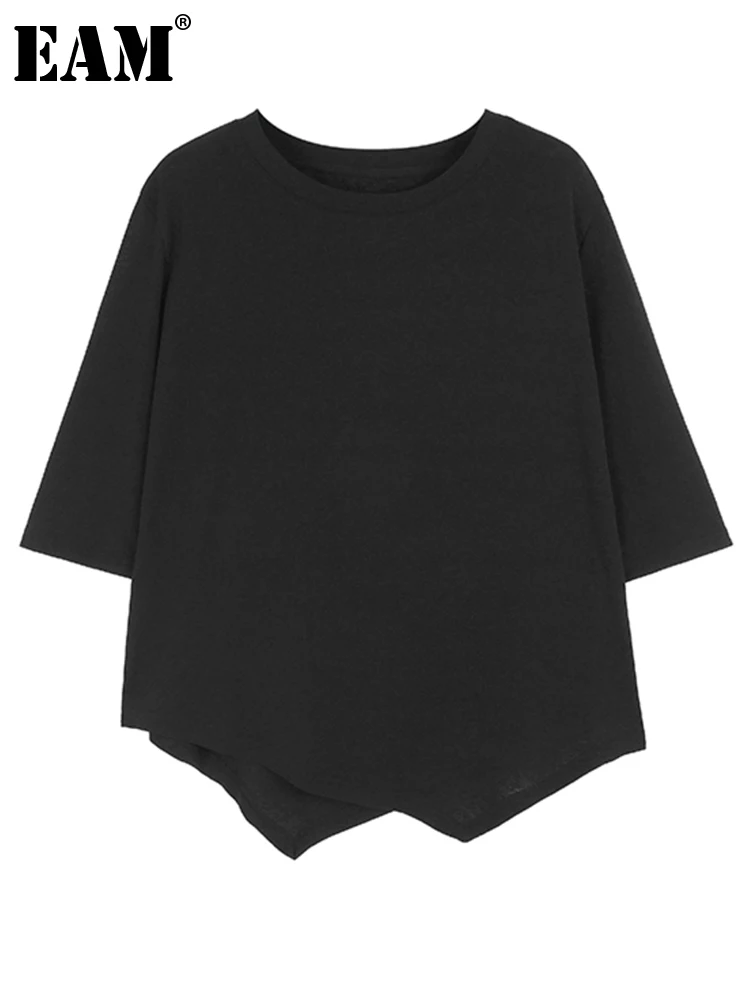 

[EAM] Женская Черная Асимметричная трикотажная футболка большого размера, новая модная футболка с круглым вырезом и рукавом три четверти на весну и осень 2023 1DF9922