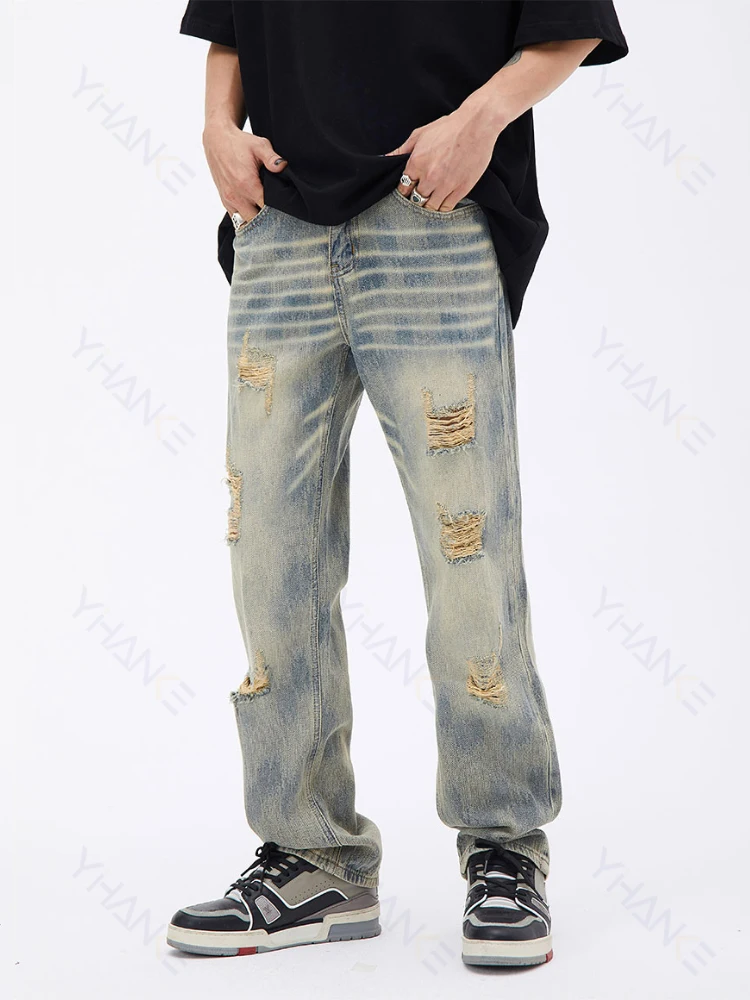 

American Men's Trousers Ripped Loose Solid Color Jeans Streetwear Design Clothing Hip Hop Ladies Korean Slim Casual Jeans Denim