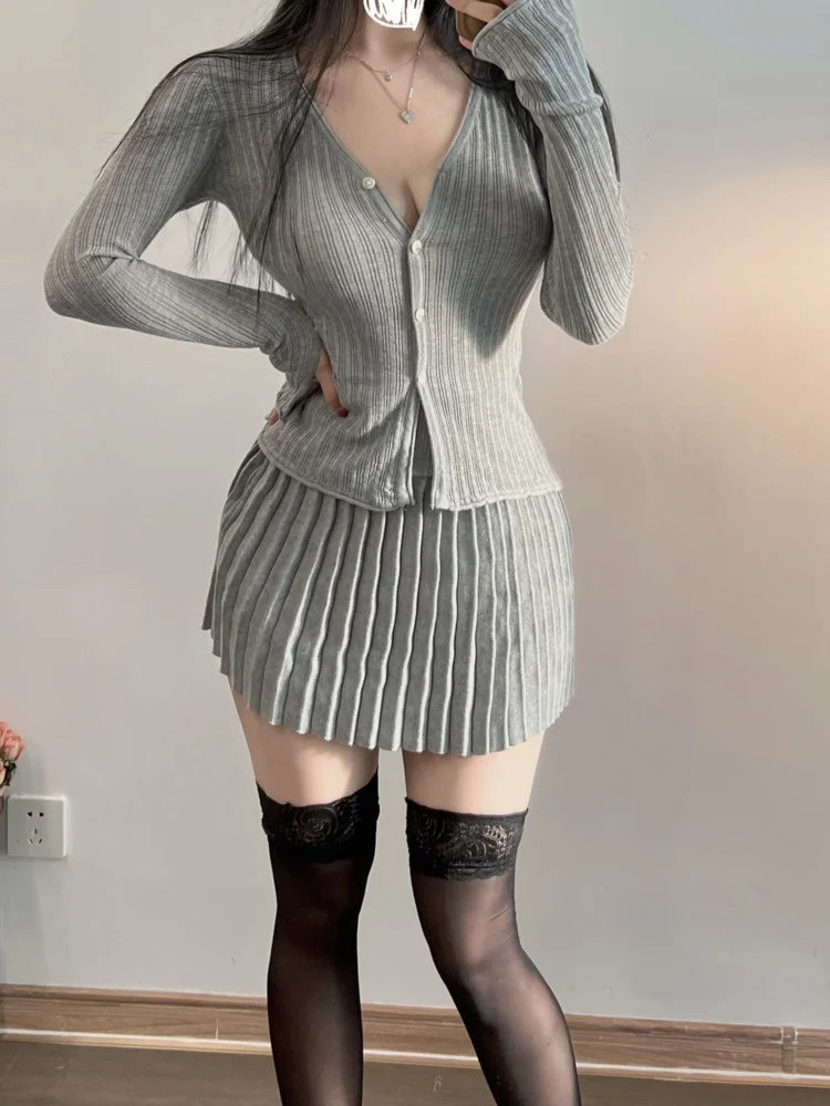 

Shirt Sweet Knitted Sweater Long Sleeve Top Autumn/Winter 2022 New V-Neck Tops + Pleats JK Mini Skirt Knitting Set R8WL