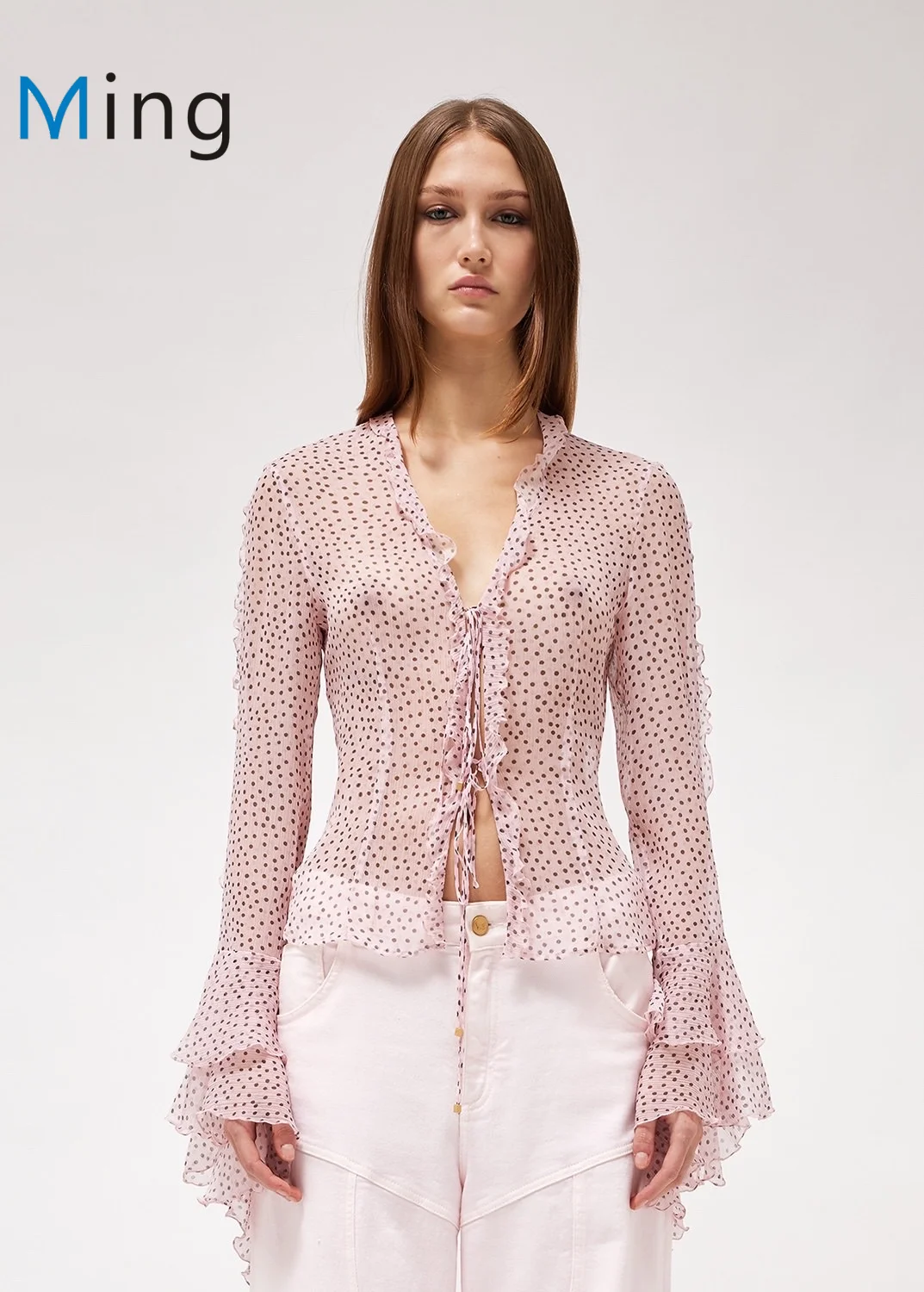 

2023 New V Neck Lace Up Button Dot Print Multi-layer Flare Sleeve Women Sweet Pink Shirt Top