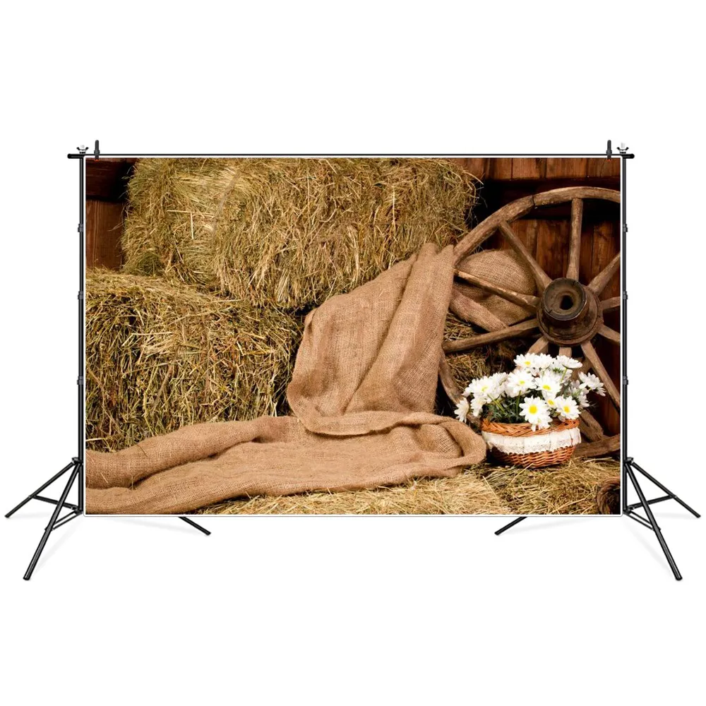 

Rural Farm Hay Bales Blanket Scene Baby Photography Backgrounds Wooden Wheel Flowers Basket Party Decoration Photo Backdrops