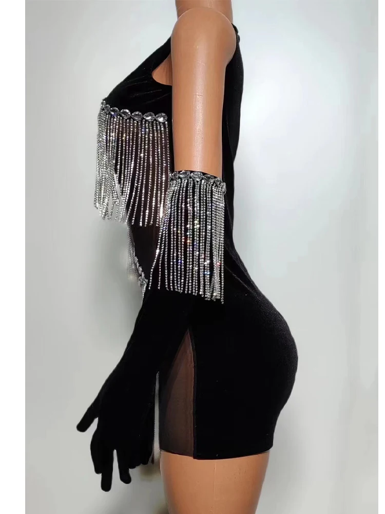 Высококачественное популярное эластичное платье с бахромой и бриллиантами +