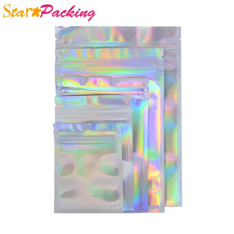 

100pcs Iridescent Zip Lock Bags Pouches Cosmetic Plastic Laser Holographic Storage Bag Hologram Zipper Bags Gift Packaging