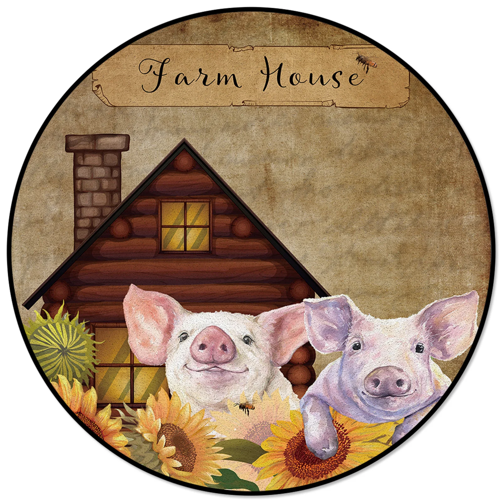 

Farm Sunflower Pig Barn Round Carpet for Bedroom Modern Home Decoration Rug for Living Room Bathroom Outdoor Mat Circle Rug