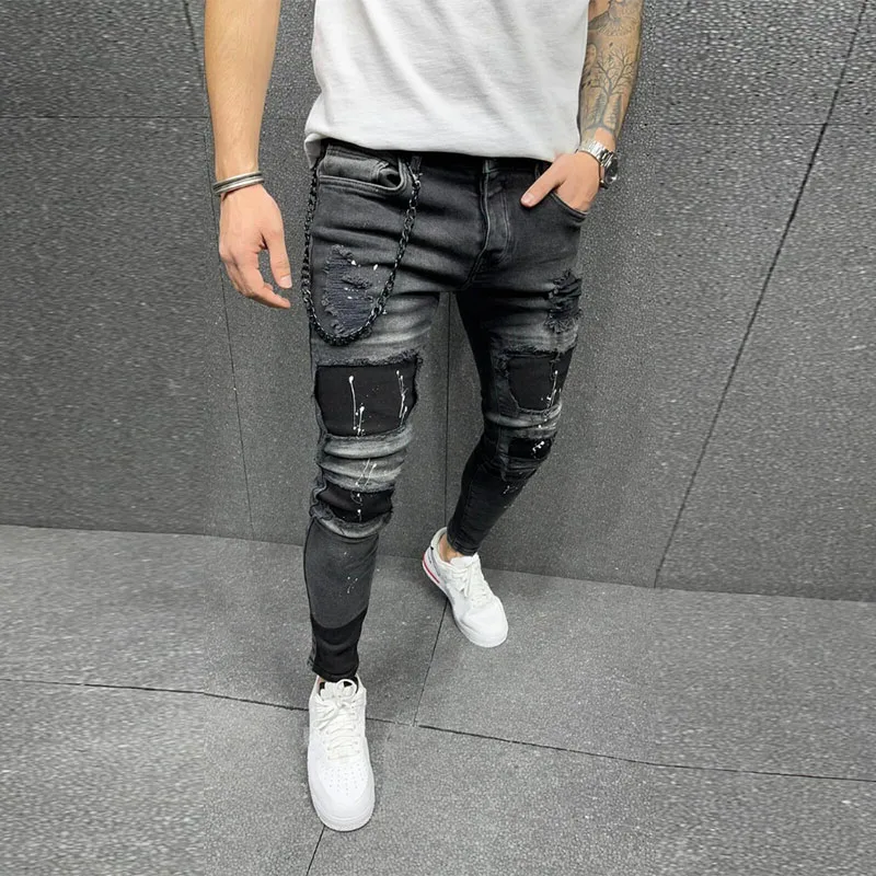 Men Painted Stretch Skinny Jeans Slim Fit Ripped Distressed Pleated Knee Patch Denim Pants Brand casual trousers for men