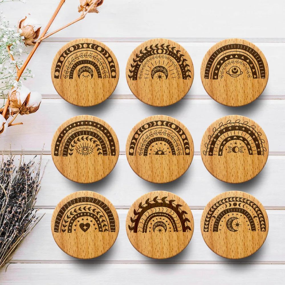 

Engraved Celestial Rainbow Wooden Drawer Knob Boho Nursery Cabinet Pulls Nature Wood Coat Hook Children's Room Furniture Handles