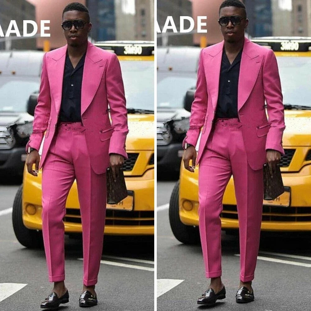 

Hot Pink Peak Lapel One Button Costume Homme Men Suits Prom Slim Fit Tuxedo Wedding Groom Terno Masculino Blazer 2 Pieces