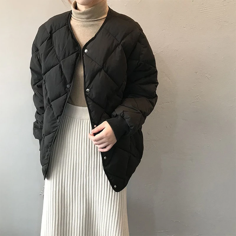 Fashion O-Neck Argyle Parka Loose All-match Long Sleeve Solid Women's Thick Padded Padded Clothes Casual Ladies Outerwear 2022