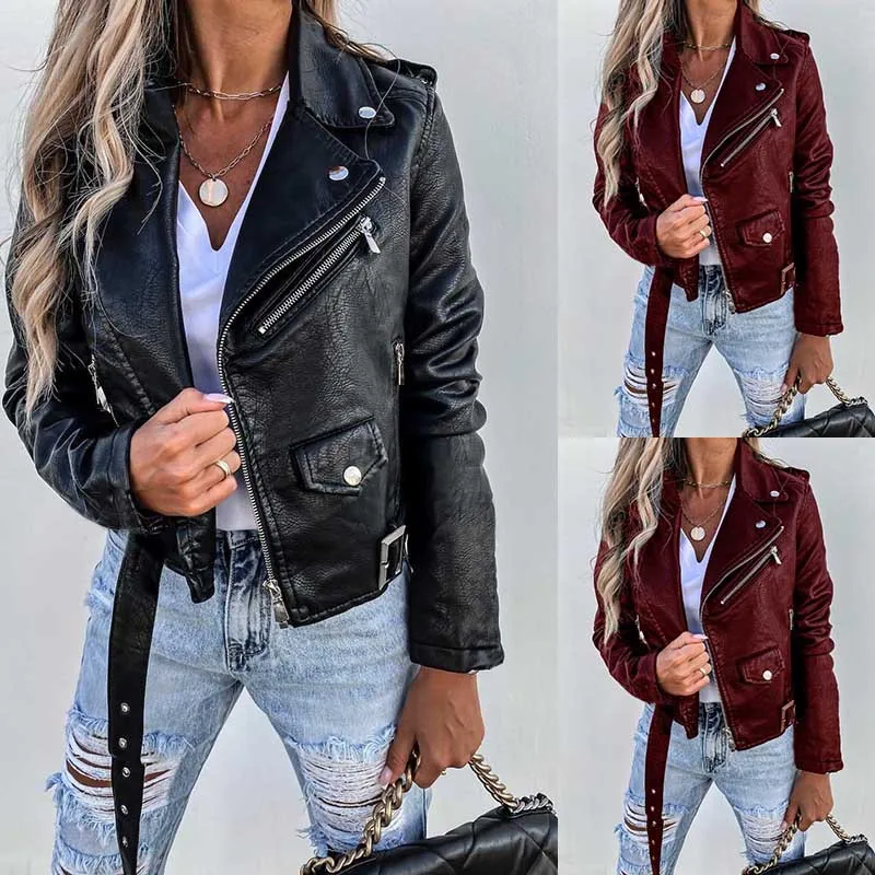 DEARIRIS Zipper Motorcycle Cropped Jacket top PU LeatherJacket