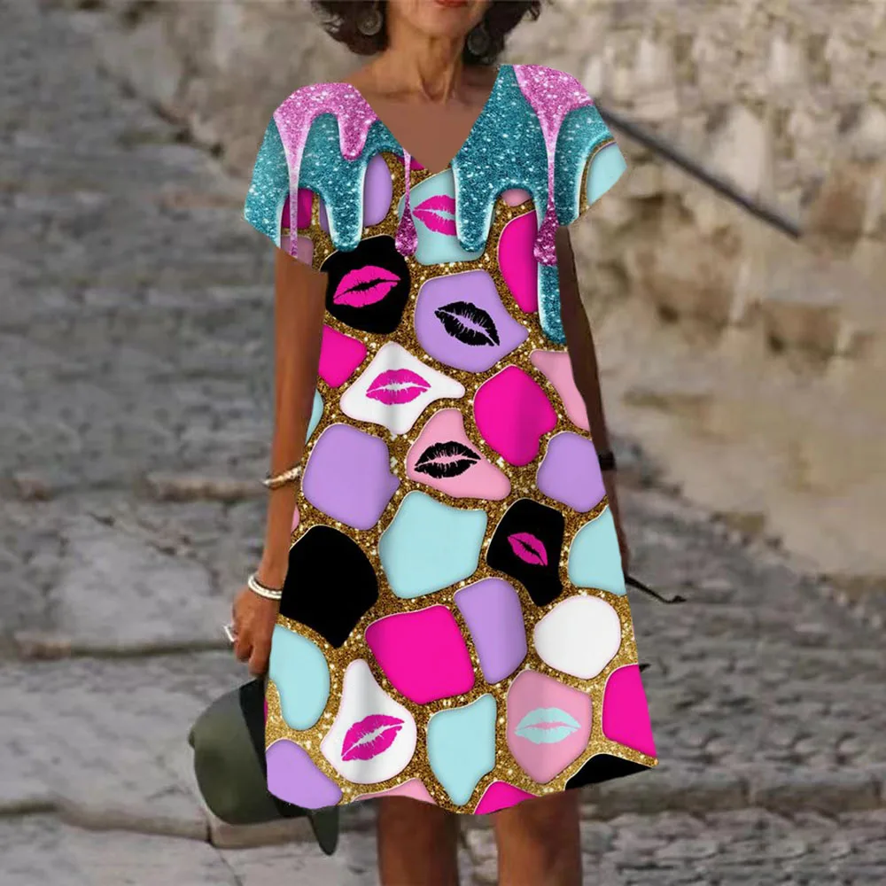

2023 Women Long Dress Loose Casual Sexy Lip Print Print A-Line Dress Streetwear Boho Fashion Dress Summer Women