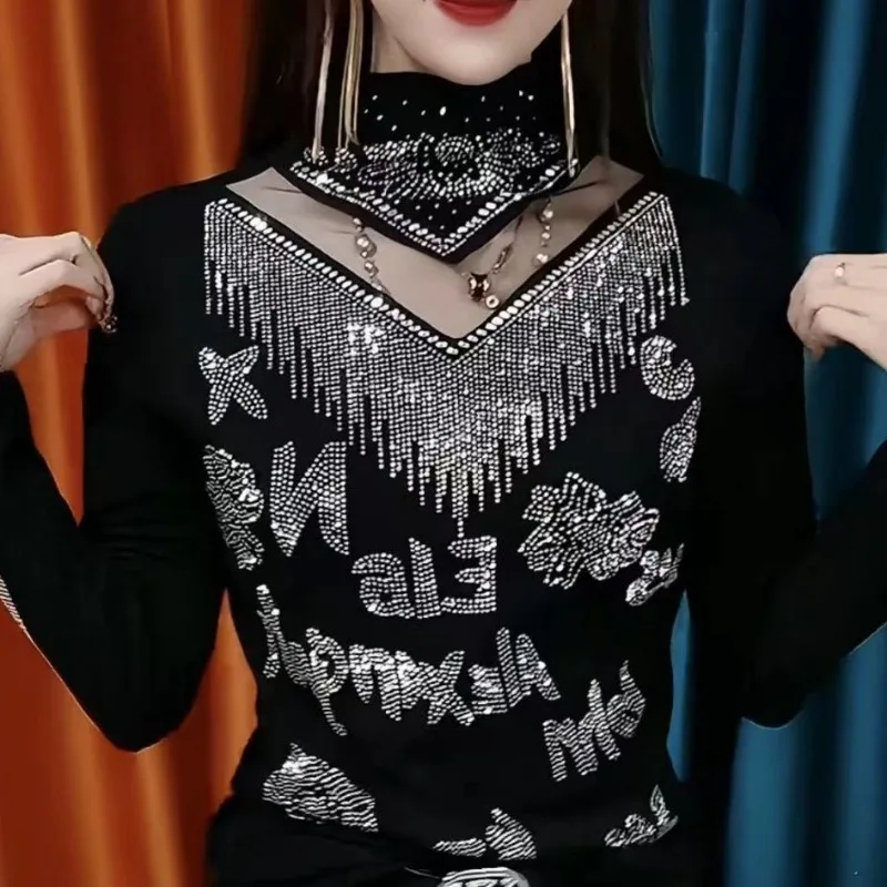 Женская однотонная футболка с длинными рукавами и воротником-стойкой со