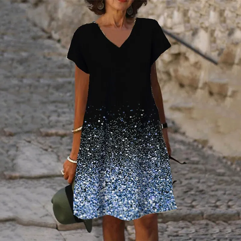 

2022 Summer Women's Floral Printed Painting Dress Knee Length Round Neck Short Sleeves Dresses A Line Casual Oversized Dress New