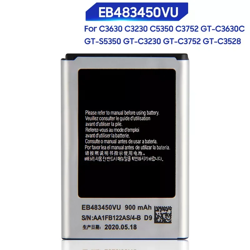 

2023New Phone Battery For Samsung C3630 C3230 C5350 C3752 GT-S5350 GT-C3230 GT-C3630 GT-C3630C GT-C3752 GT-C3528 EB483450VU 900m