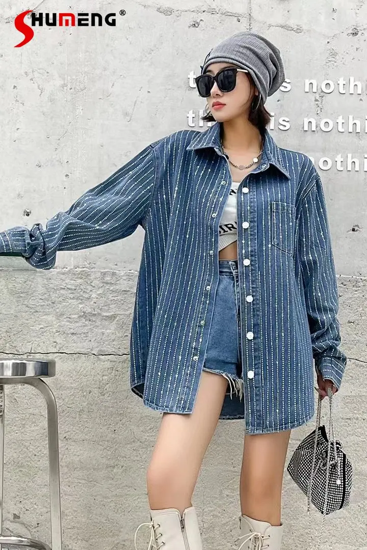 European Goods Striped Crystal Rhinestone Denim Coat Autumn Winter New Loose Leisure All-Matching Long Sleeve Diamond Shirt