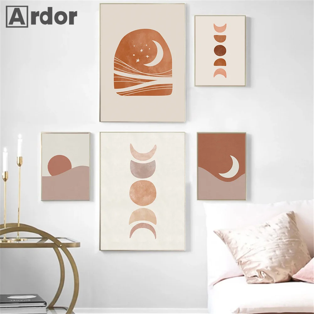 

Современный настенный постер среднего века, абстрактные картины солнца, фазы Луны, принт в стиле бохо, нейтральные настенные картины, декор ...