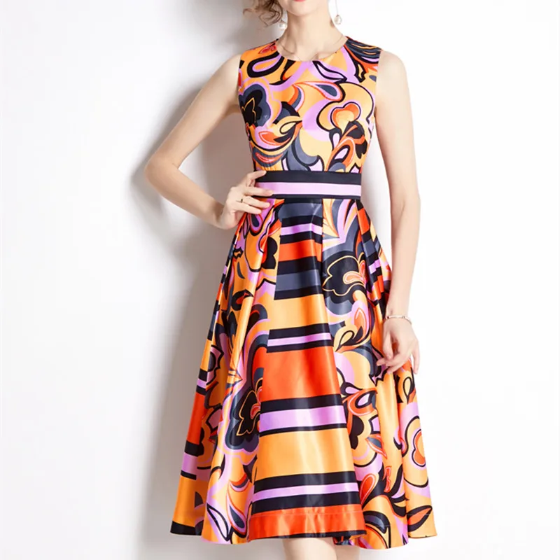 

Elegant Sleeveless Women Midi Dress Vintage O-Neck A Line Print Long Dresses Vestidos Woman Clothing Robe Femme