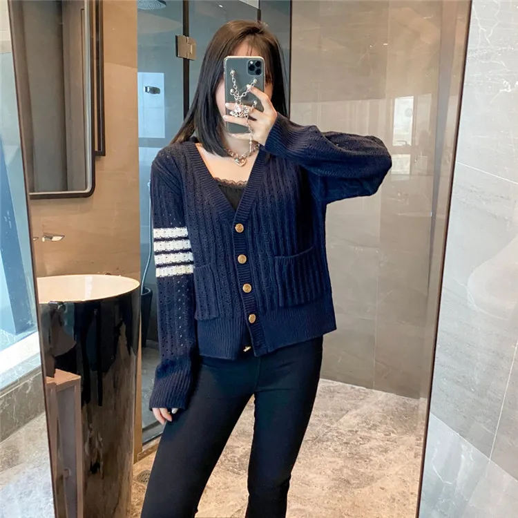

Autumn and winter new tb four-bar loose casual wool hollow knitted sweater jacket net red ins tide women