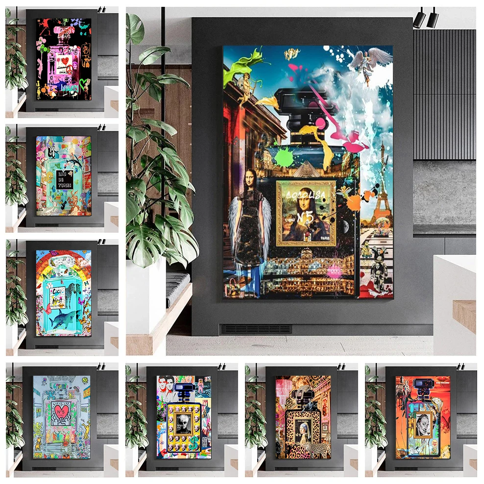 

Graffiti Fashion Perfume Bottle Series Mona Lisa/Salvador Dalí Canvas Painting HD Print Wall Posters Living Room Home Decoration