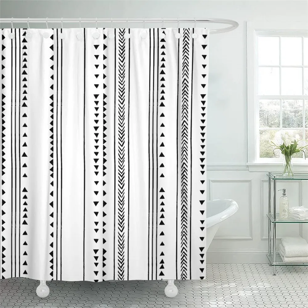 

Boho Shower Curtain Black and White Waterproof Fabric Bathroom Curtain with Hooks, Chic Triangle and Geometric Bath Curtain