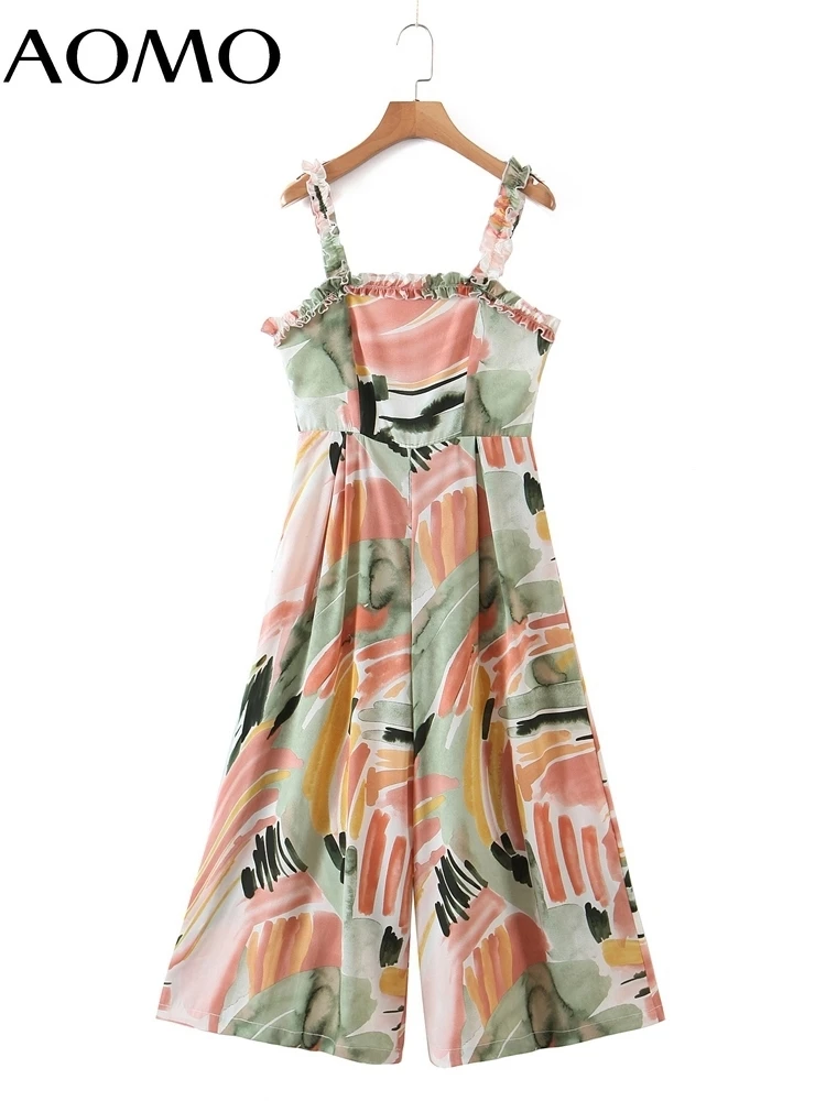 

AOMO Women Print Ruffles Playsuits Spaghetti Strap Sleeveless Rompers Ladies Summer Casual Chic Jumpsuits 1M43A
