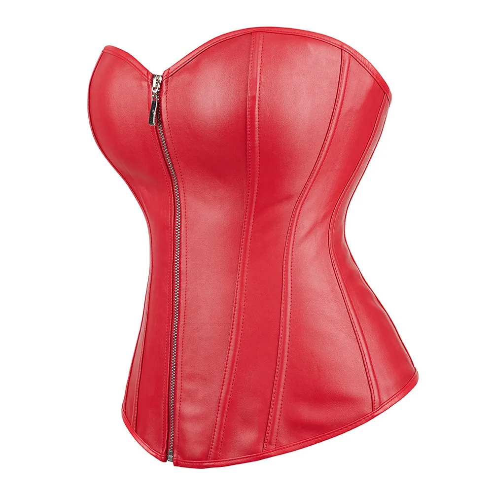 Corset Bustier Top Women Vintage Style Zip Faux Leather Overbust Corset Leather Nightclub Sexy Korsett Lingerie Strapless