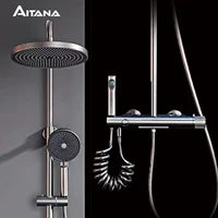 Brushed grey brass bathroom faucet simple design waterfall type water outlet four function shower shower system
