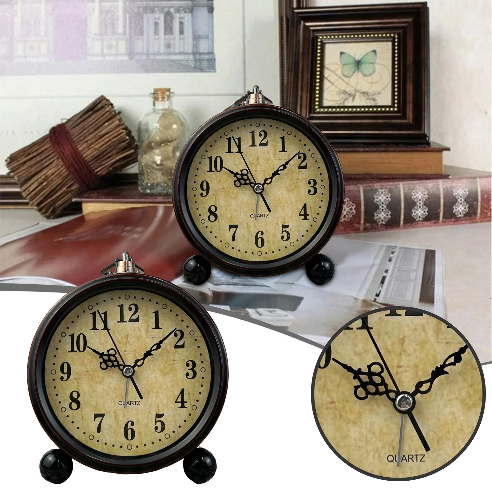 

Vintage Alarm Clock Analog Silent Small Bedside Desk Clock Battery Operated For Table Living Room Decor Shelf Gift Clock