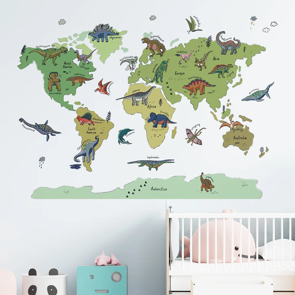 Наклейки на стену в виде карты мира с динозавром съемные водонепроницаемые