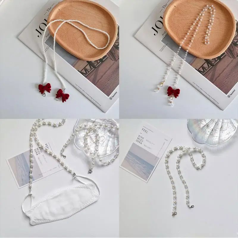 

Bowknot Mask Hanging Rope Eyeglasses Chain Pearl Beaded Trendy Women Outside Casual Sunglasses Accessory Necklace Gift