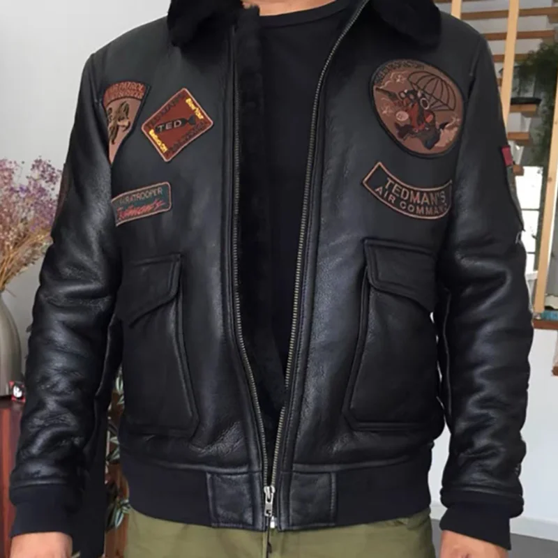 

2023 Winter Warm Shearling Coat Men 8 Patches Bomber Flight Jackets Real Sheepskin Leather Jacket Asian Size
